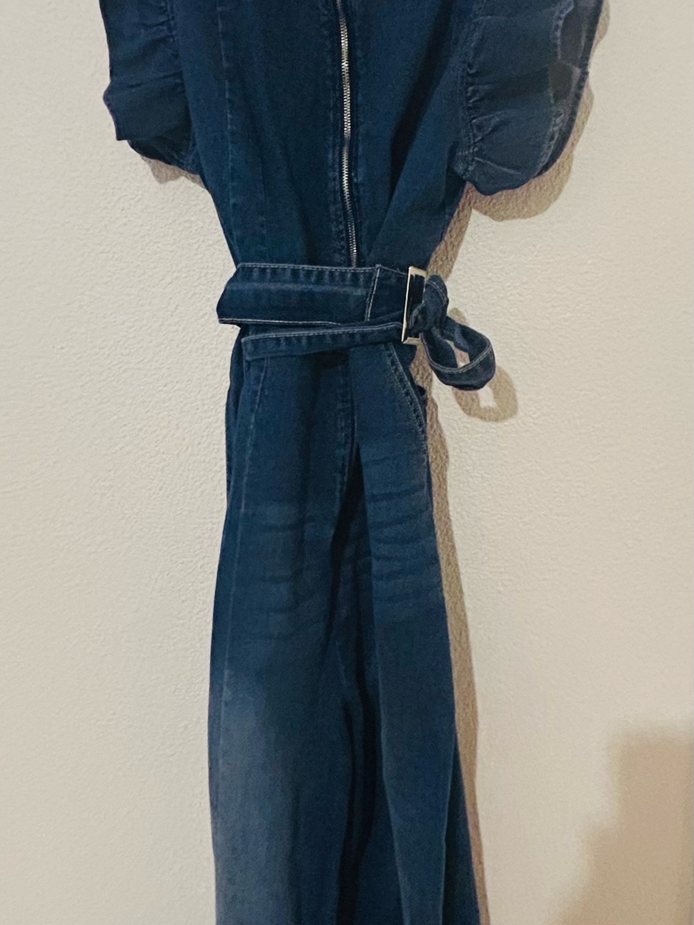 SHEIN Dark Blue Zip-Front Denim Overall Jumpsuit with Belt